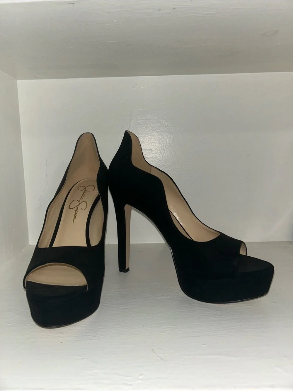Jessica Simpson Black Suede Peep-Toe Platform Heels